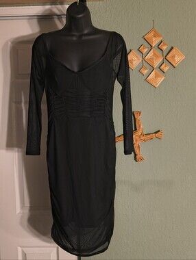 Black Mesh Ruched Corset Midi Dress Sheer Long Sleeve Sweetheart Size L